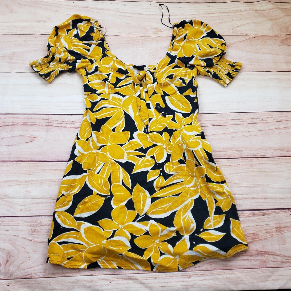 Who What Wear Dress Womens‎ Small Yellow Black Floral Puff Sleeve Linen Pockets